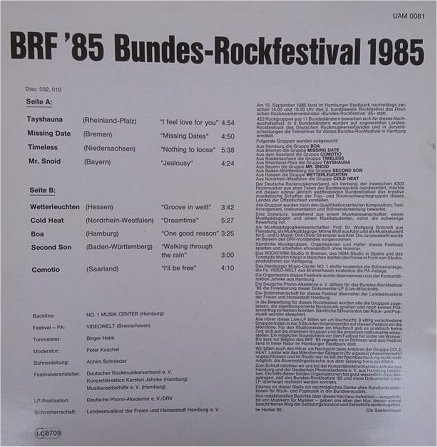 BRF '85 Bundes-Rockfestival 1985 - LP Cover backside